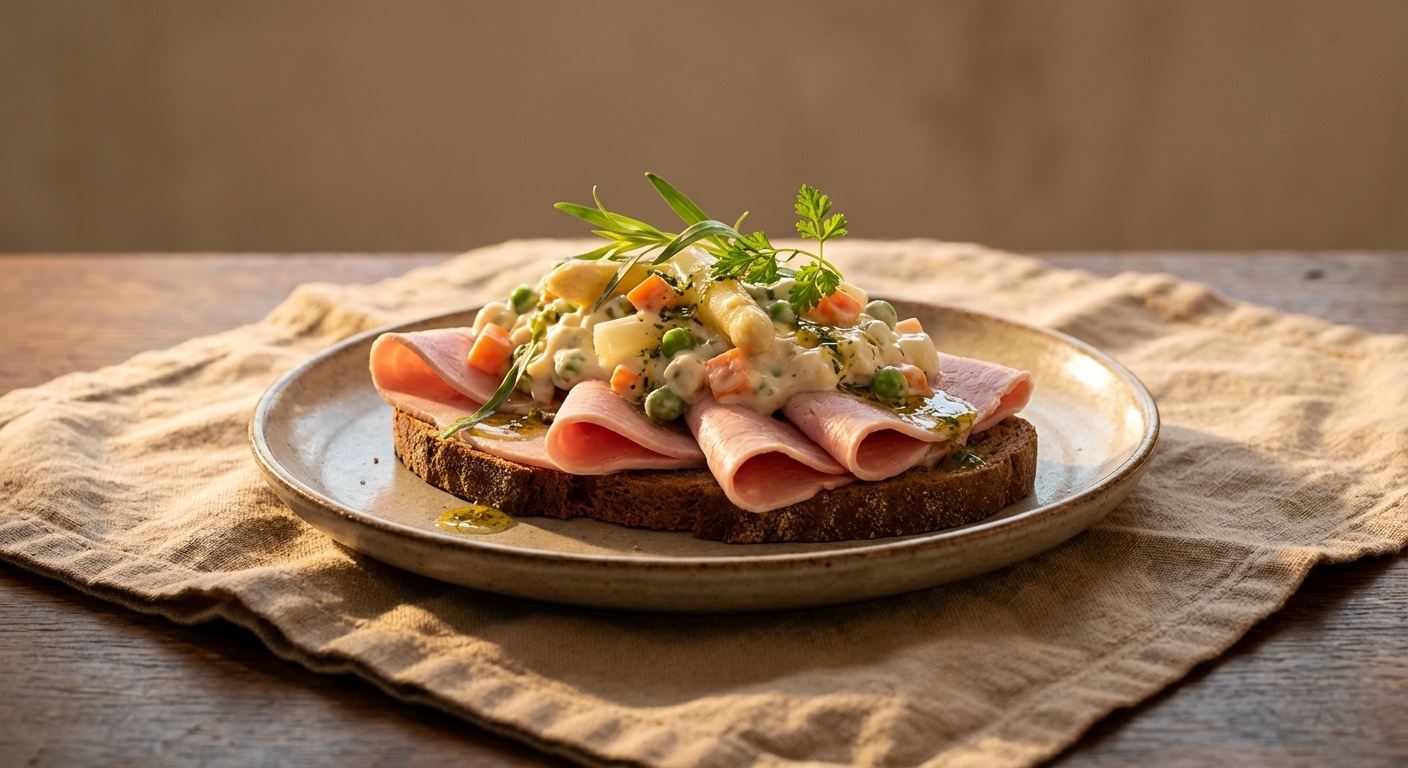 Smørrebrød with Ham, Italian Salad and Herb Vinaigrette