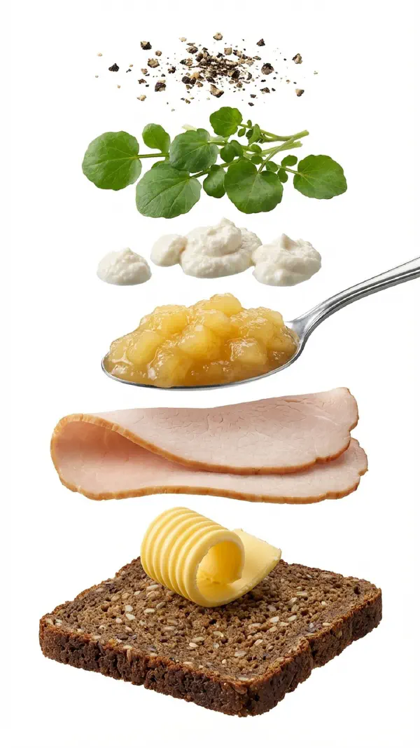 Hamburgerryg with apple compote and horseradish cream assembly © kvalifood.com