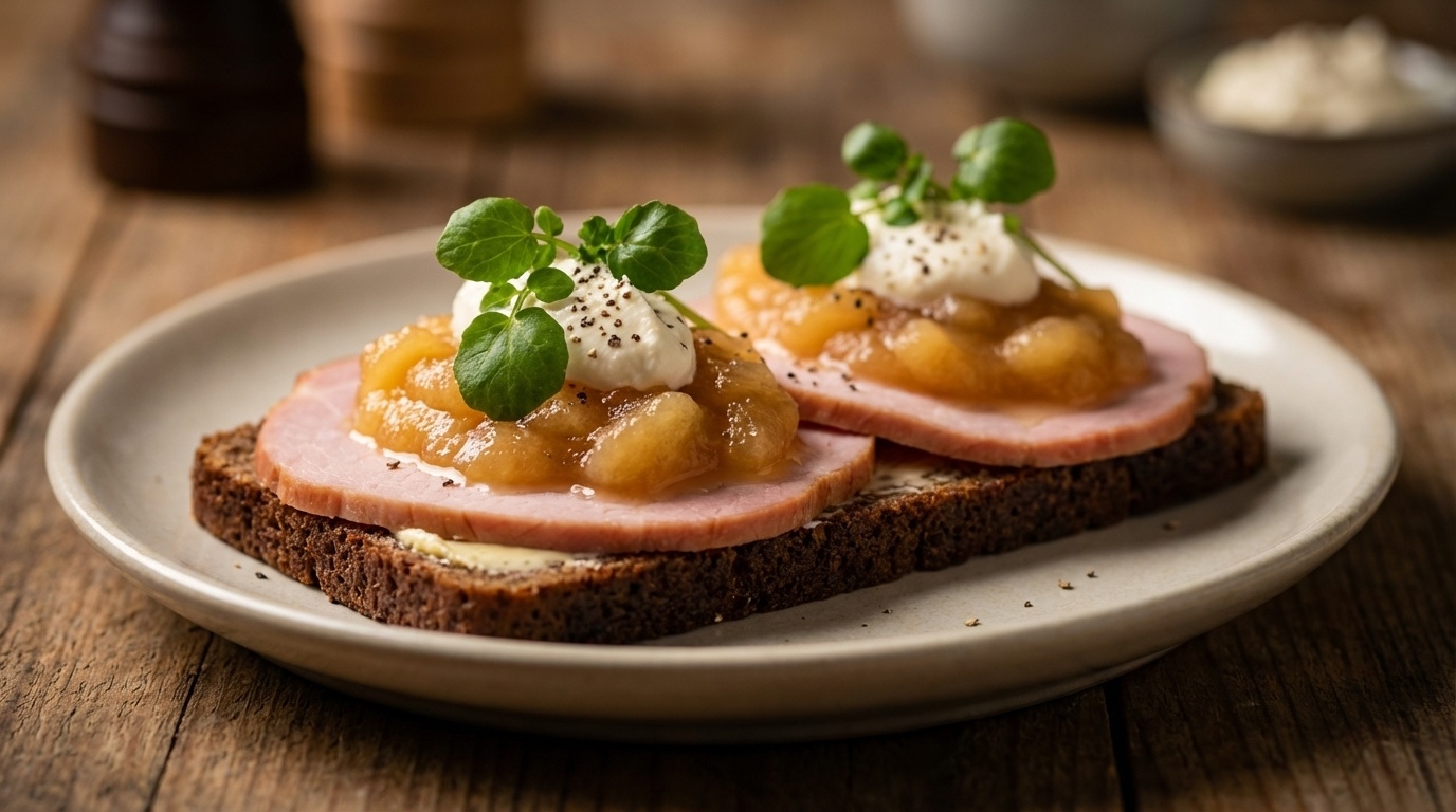 Smørrebrød with Hamburgerryg, Apple Compote and Horseradish Cream