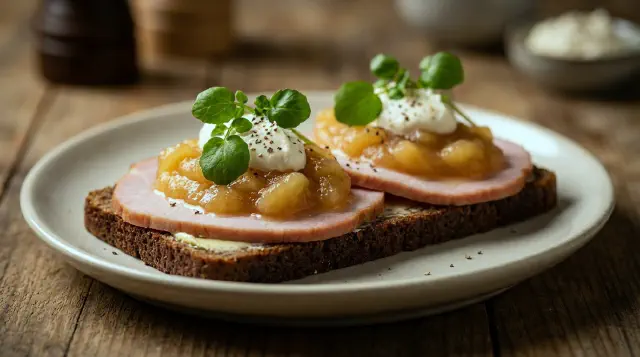 Smørrebrød with Hamburgerryg, Apple Compote and Horseradish Cream