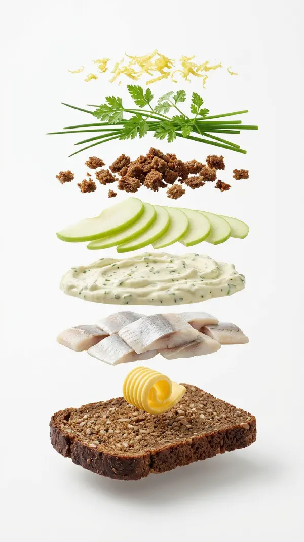 Herring with apple-chive cream and crispy rye assembly © kvalifood.com