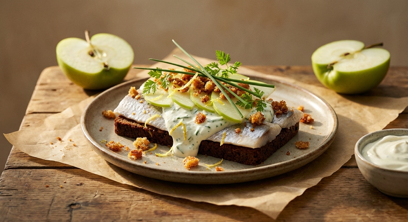 Smørrebrød with Herring, Apple-Chive Cream and Crispy Rye