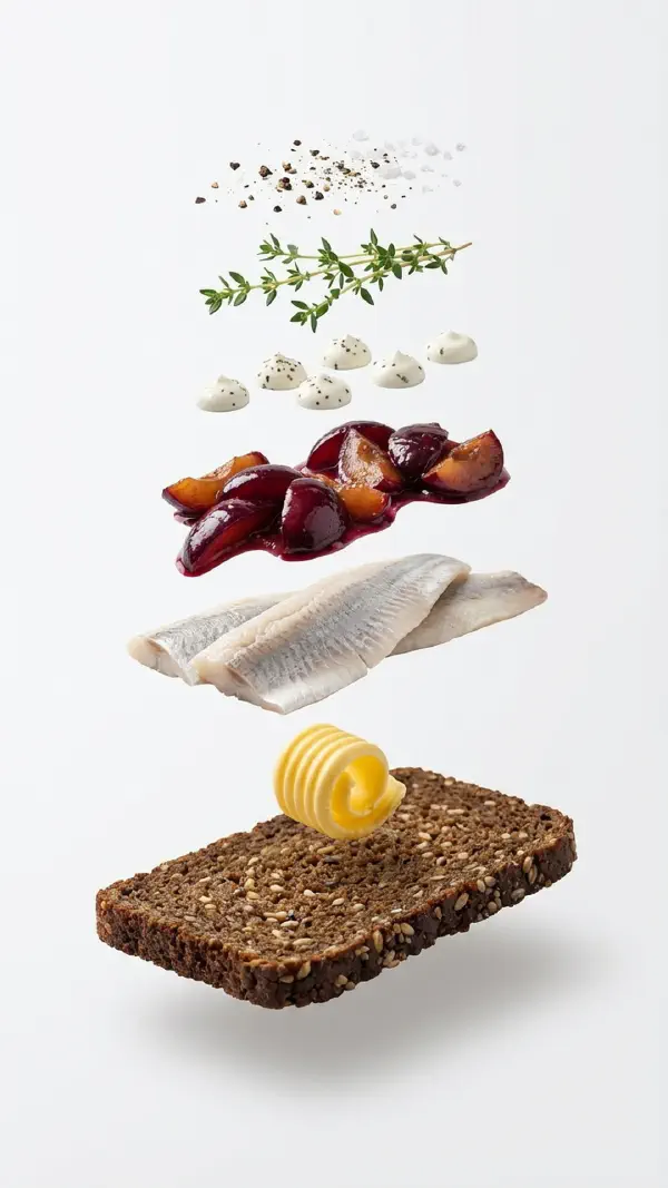 Herring with plum compote and thyme crème fraîche assembly © kvalifood.com
