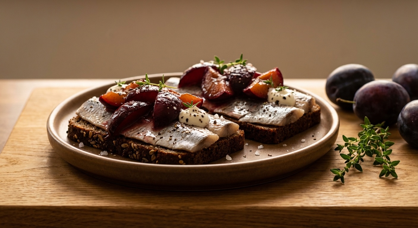 Smørrebrød with Herring, Plum Compote and Thyme Crème Fraîche