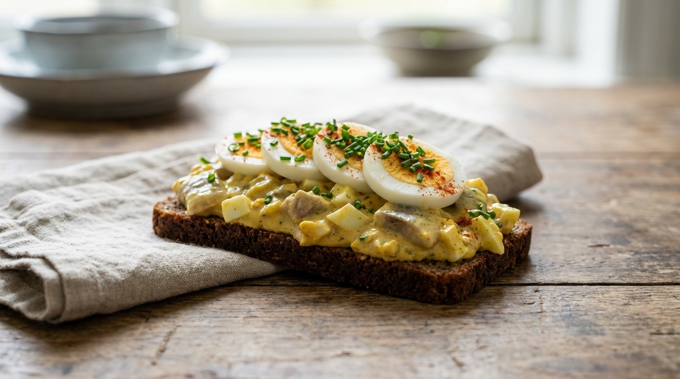 Smørrebrød with Herring Salad, Egg and Curry