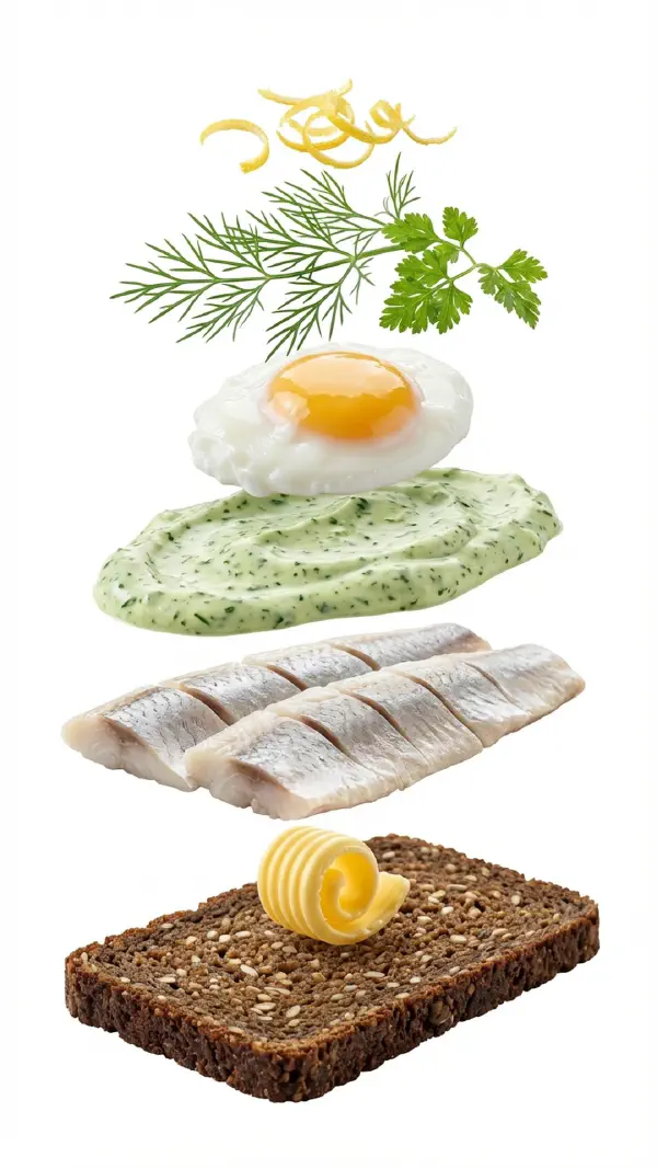Herring with wild garlic cream and poached egg assembly © kvalifood.com