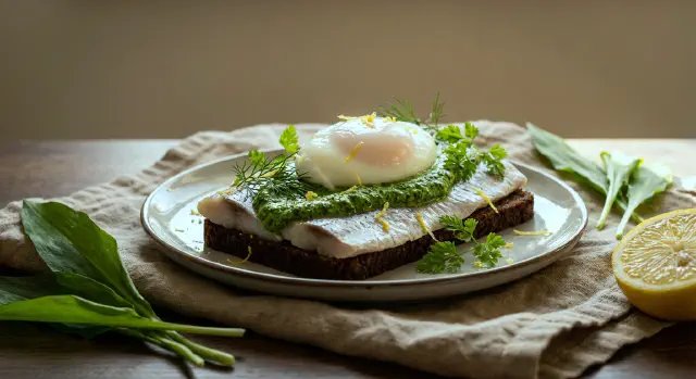 Smørrebrød with Herring, Wild Garlic Cream and Poached Egg