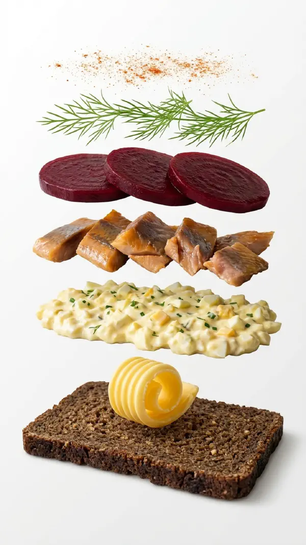 Hot-smoked herring assembly with egg mayonnaise and beetroot © kvalifood.com