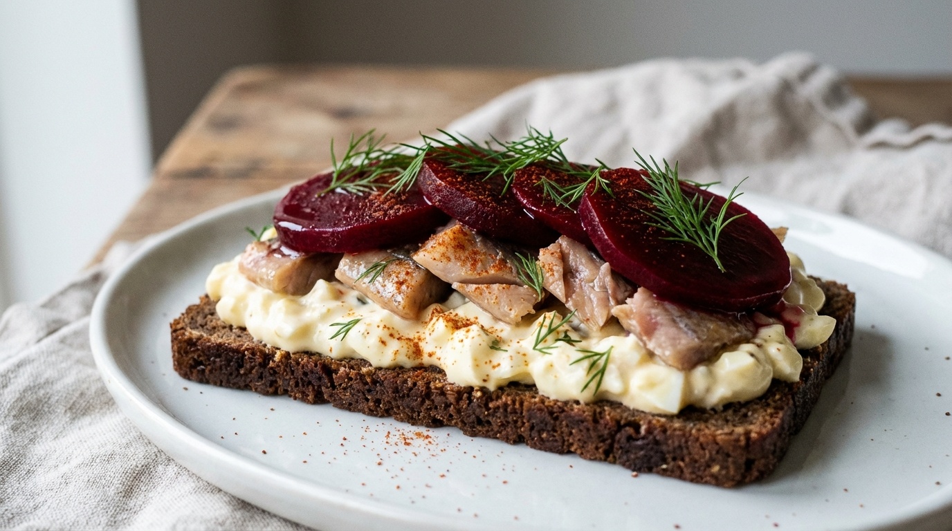 Smørrebrød with Hot-Smoked Herring, Egg Mayonnaise and Beetroot