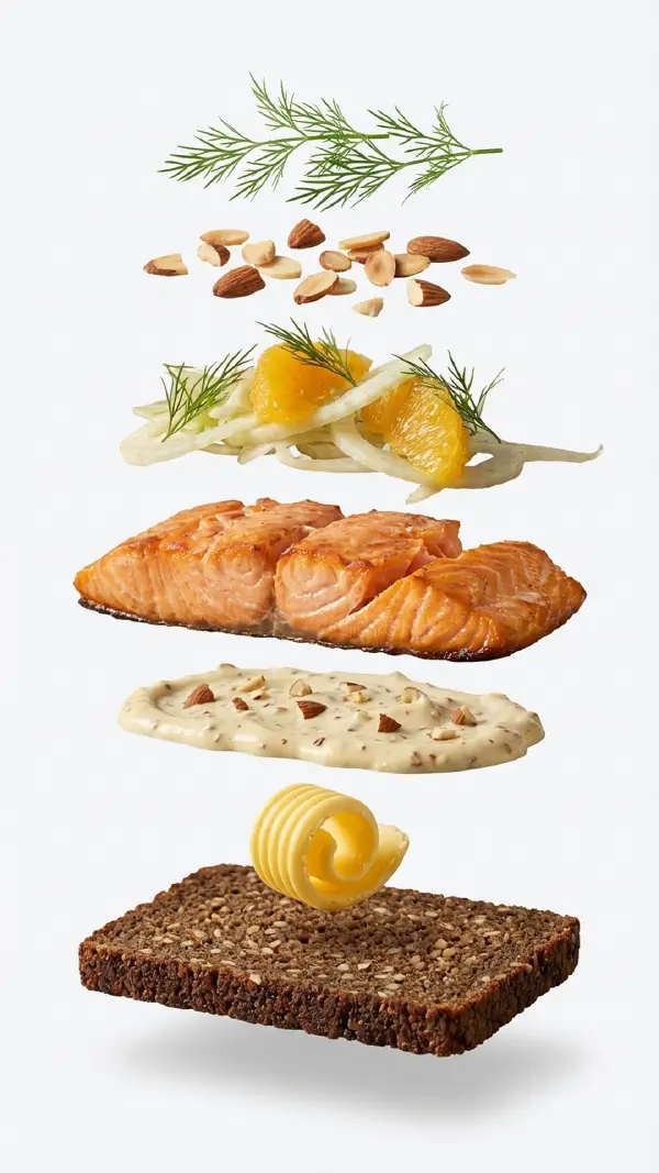 Hot-smoked salmon assembly with almond mayo and fennel © kvalifood.com
