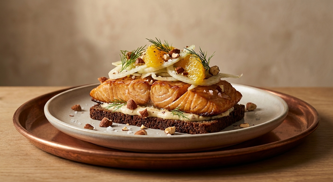 Smørrebrød with Hot-Smoked Salmon, Almond Mayo and Fennel