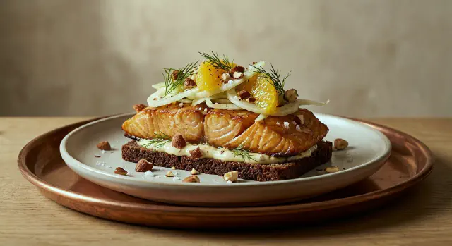 Smørrebrød with Hot-Smoked Salmon, Almond Mayo and Fennel