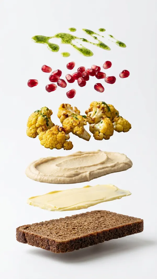 Hummus with roasted cauliflower and pomegranate assembly © kvalifood.com
