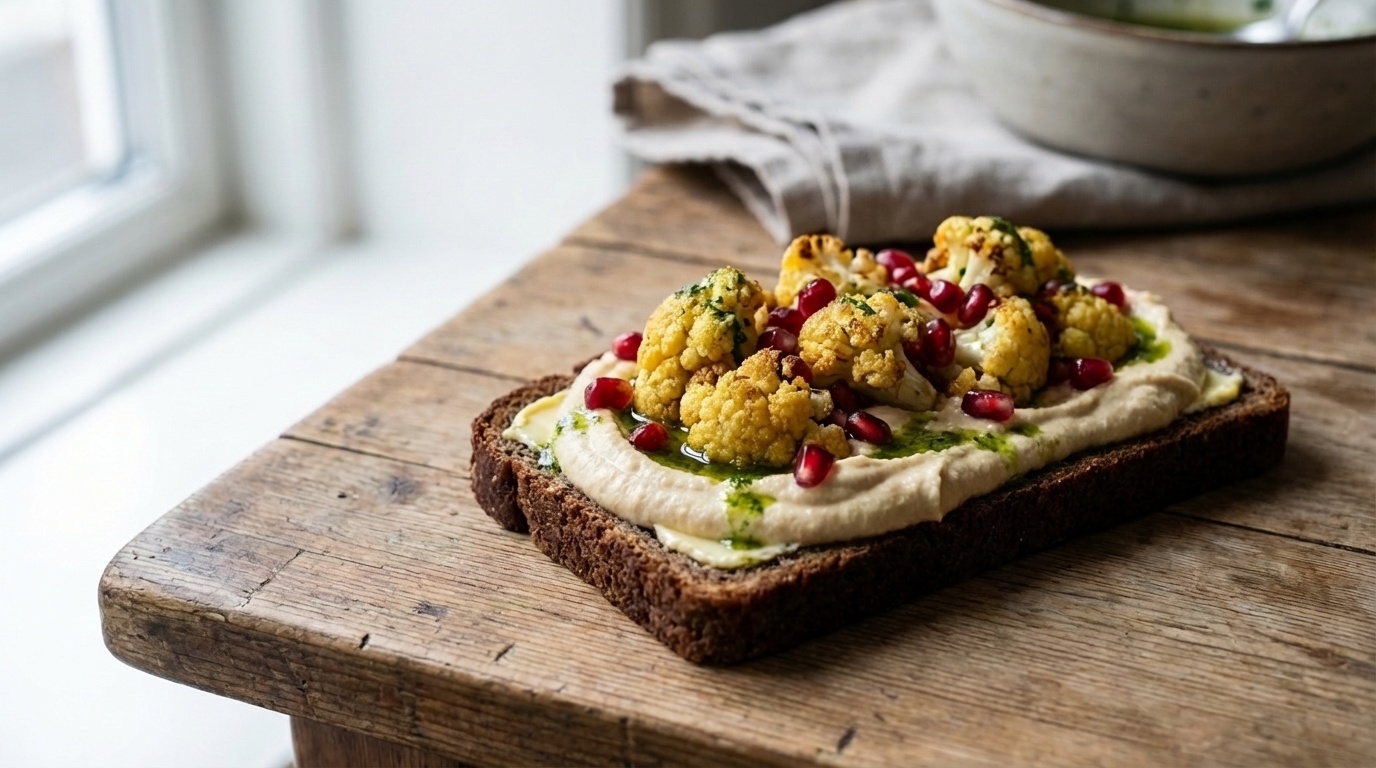 Smørrebrød with Hummus, Roasted Cauliflower and Pomegranate