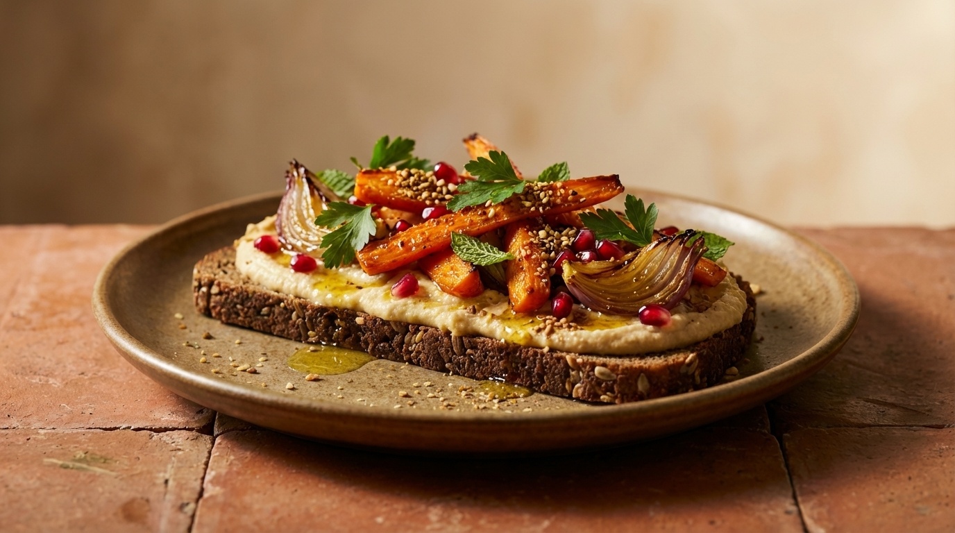 Smørrebrød with Hummus, Roasted Vegetables and Dukkah
