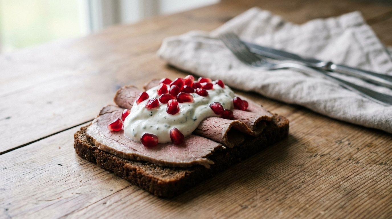 Smørrebrød with Lamb, Mint and Pomegranate