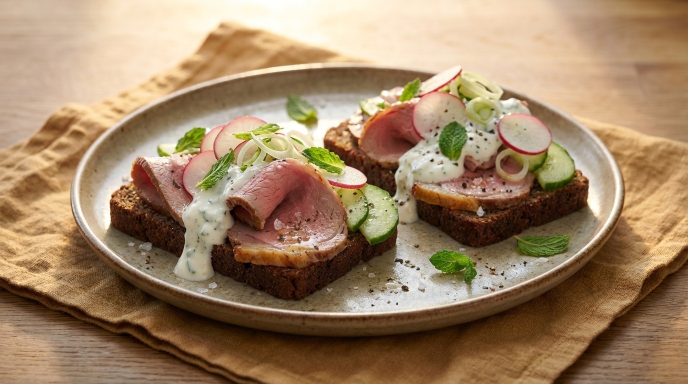 Smørrebrød with Roast Lamb, Mint Yoghurt and Spring Vegetables