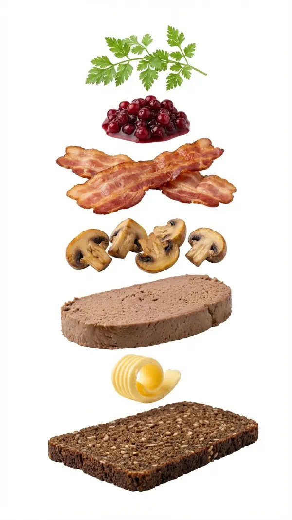 Liver pâté with bacon, mushrooms and lingonberry compote assembly © kvalifood.com