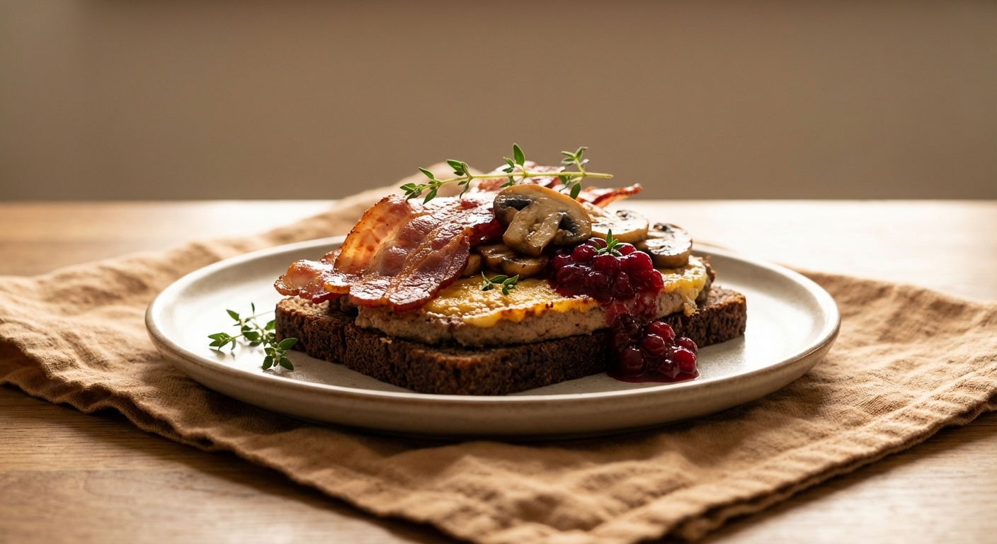Smørrebrød with Liver Pâté, Bacon, Mushrooms and Lingonberry Compote