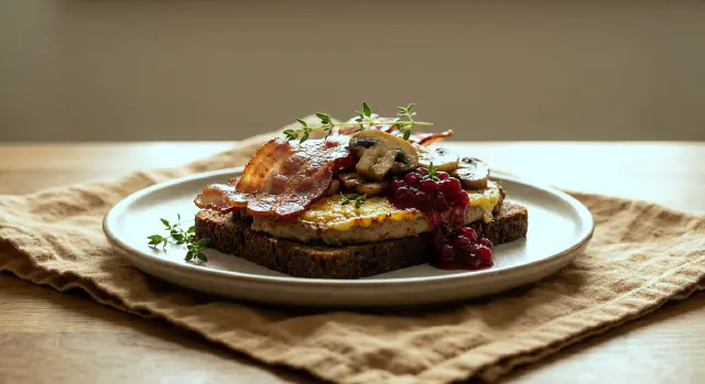 Smørrebrød with Liver Pâté, Bacon, Mushrooms and Lingonberry Compote