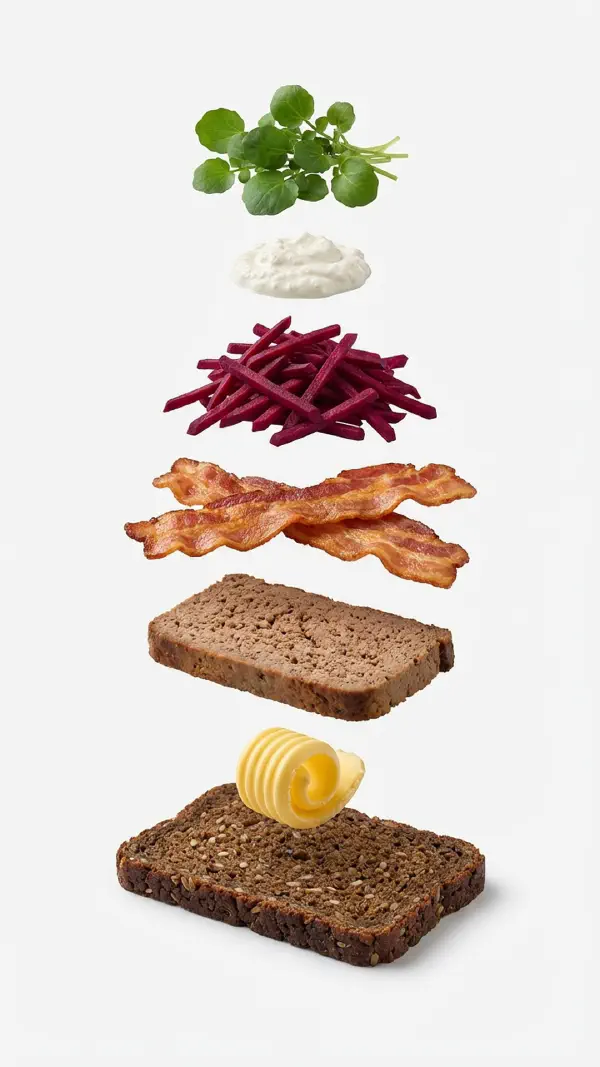 Liver pâté with beetroot julienne and horseradish crème fraîche assembly © kvalifood.com