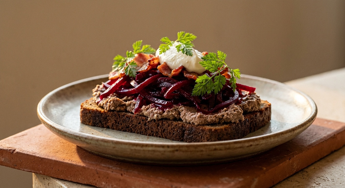 Smørrebrød with Liver Pâté, Beetroot Julienne and Horseradish Crème Fraîche