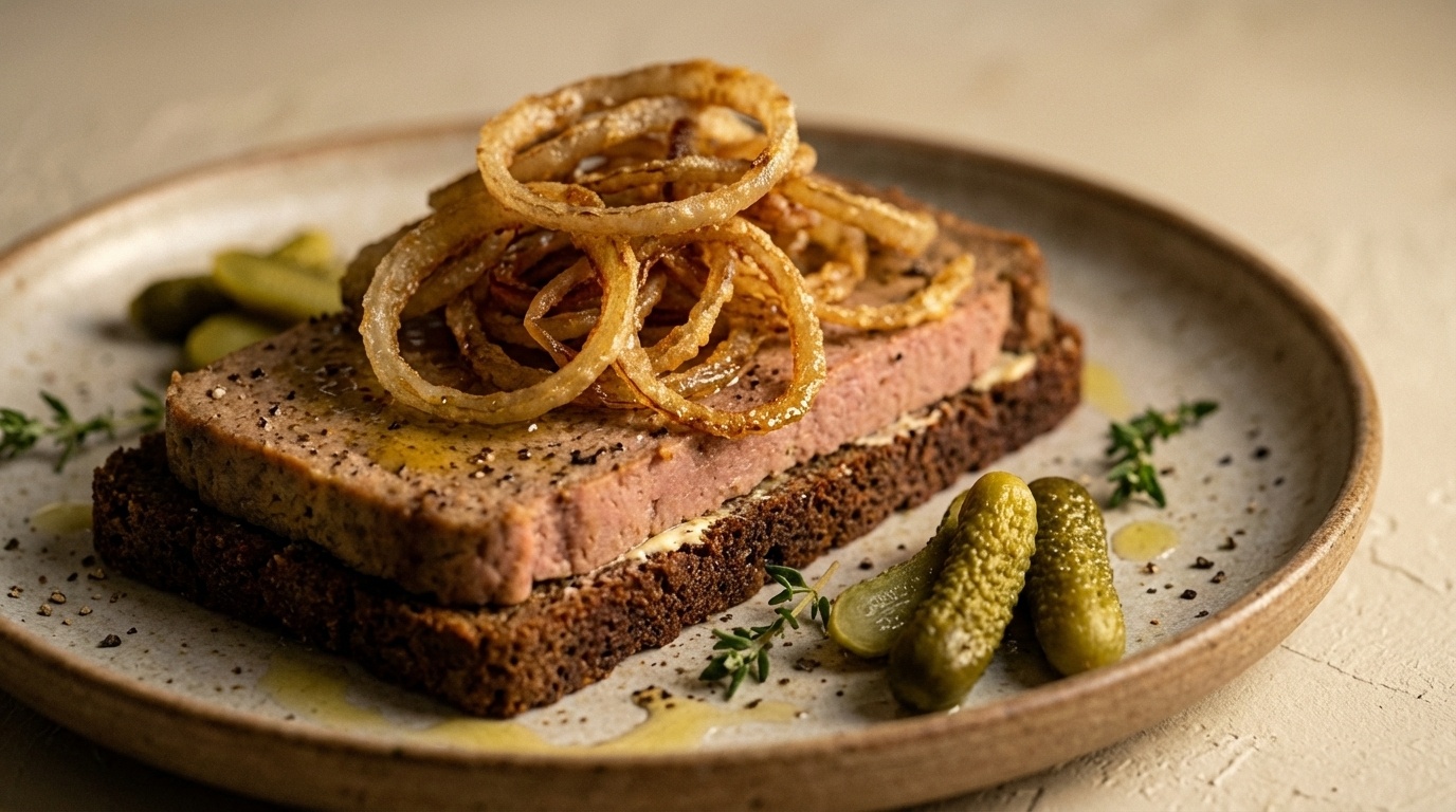 Smørrebrød with Liver Pâté, Crispy Onions and Truffle Oil