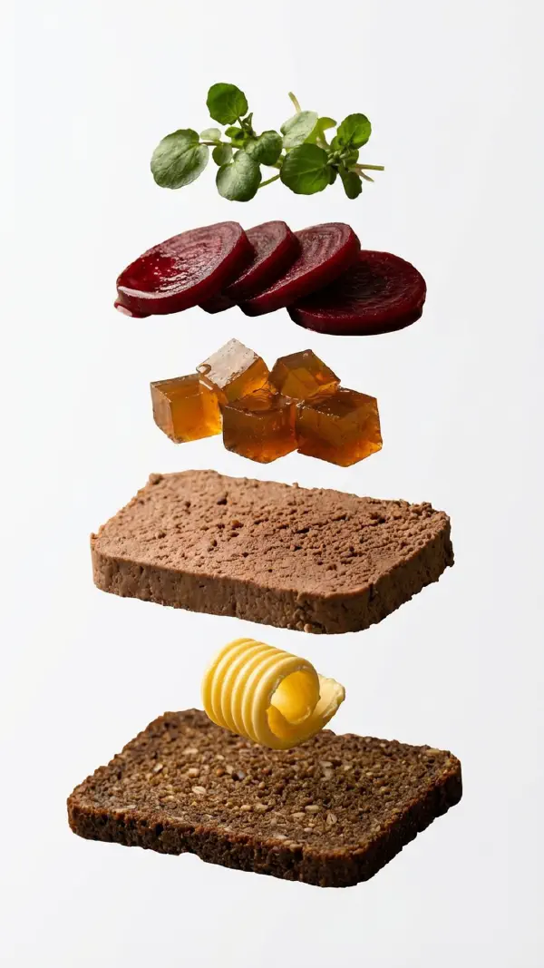 Liver pâté with meat jelly, pickled beetroot and cress assembly © kvalifood.com