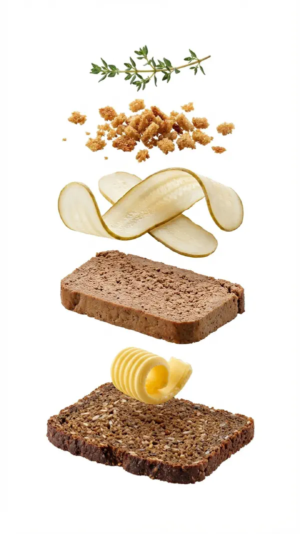 Liver pâté with pickled cucumber and rye crumble assembly © kvalifood.com