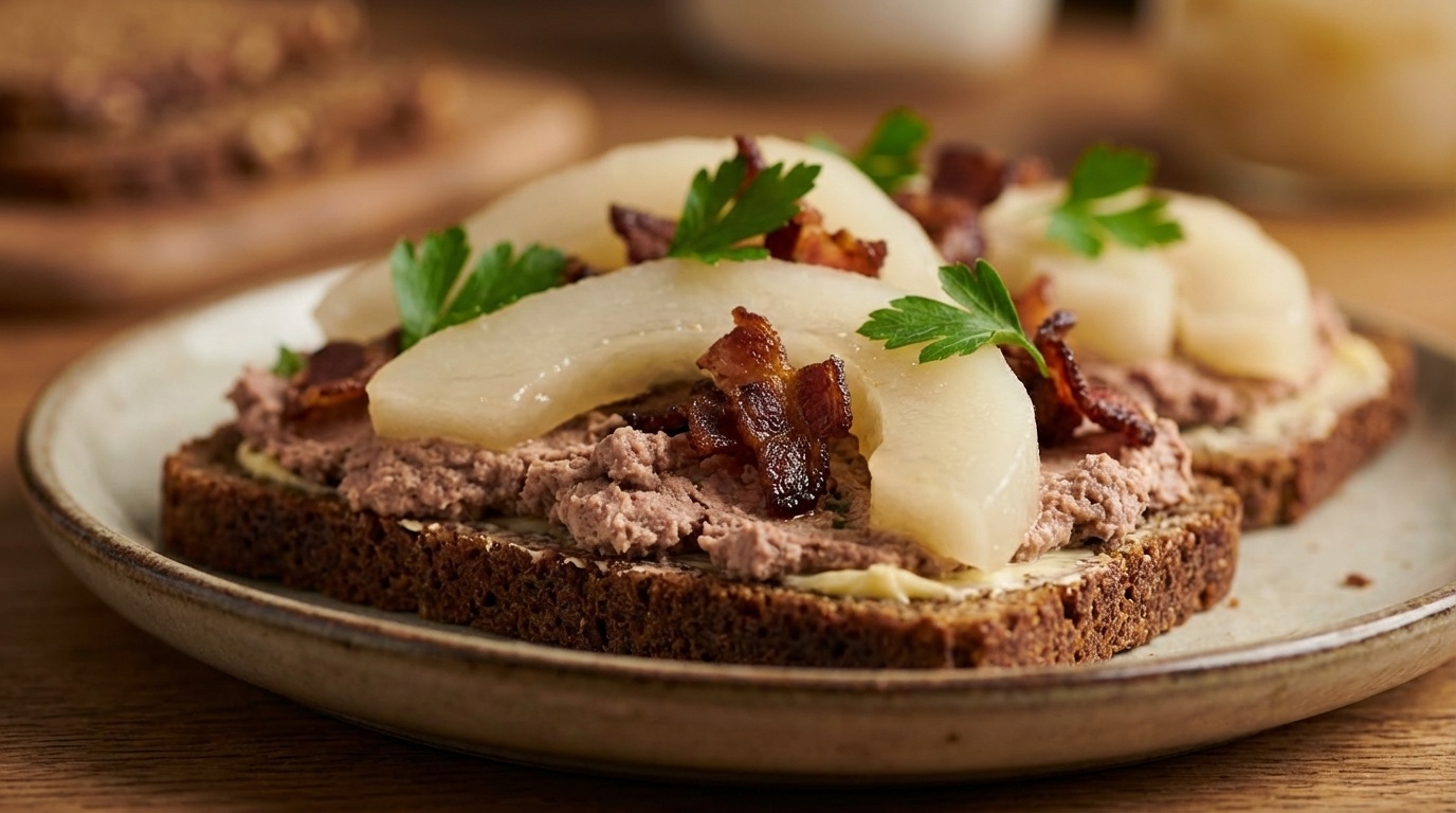 Smørrebrød with Liver Pâté, Pickled Cucumber and Rye Crumble