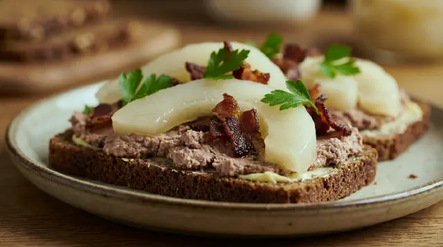 Smørrebrød with Liver Pâté, Pickled Cucumber and Rye Crumble