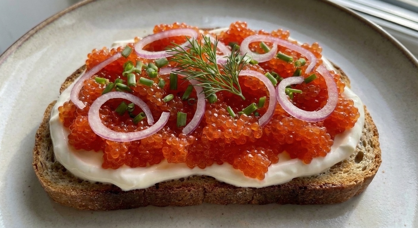 Smørrebrød with Lumpfish Roe, Crème Fraîche and Chives