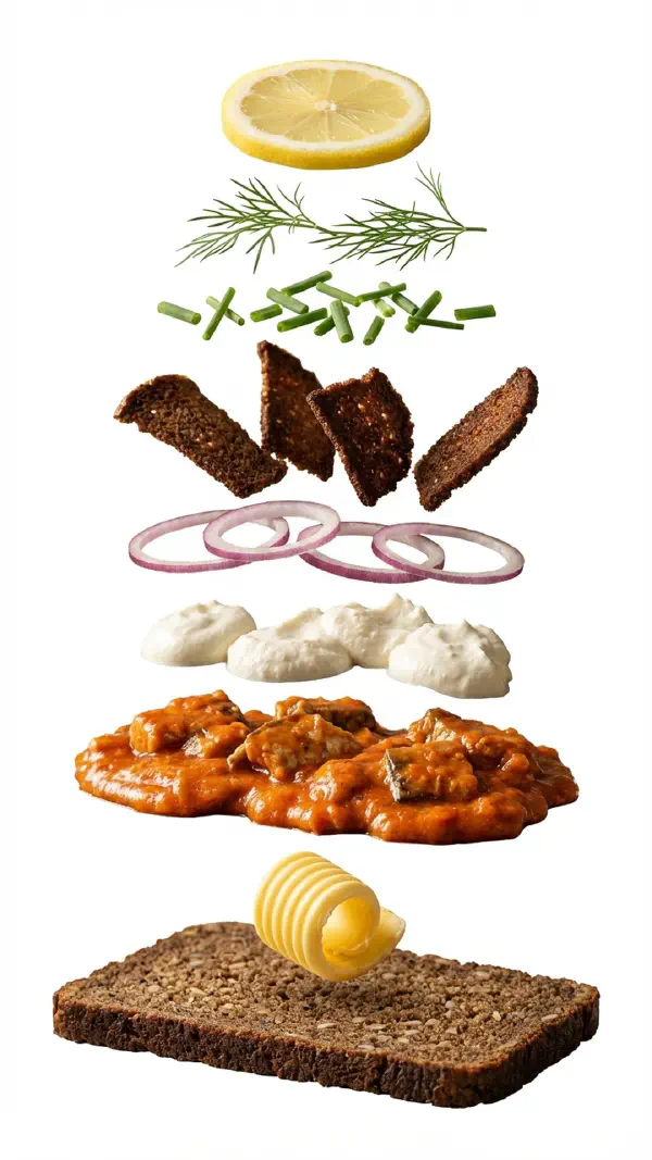 Mackerel in tomato with horseradish cream and rye crisps assembly © kvalifood.com