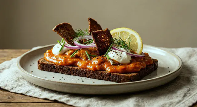 Smørrebrød with Mackerel in Tomato, Horseradish Cream and Rye Crisps
