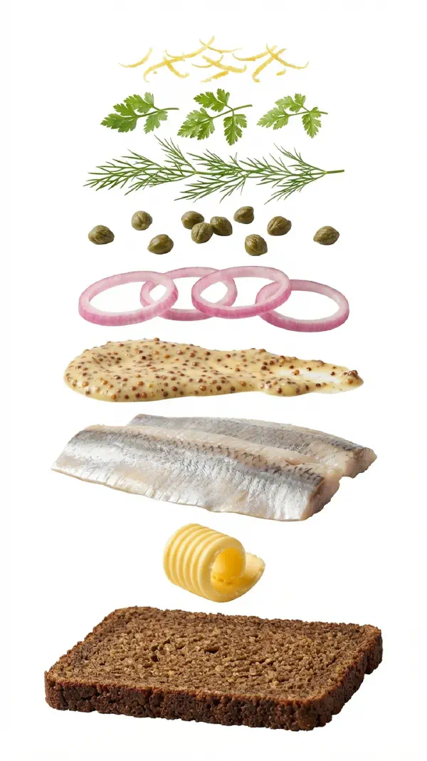 Marinated herring with capers and mustard cream assembly © kvalifood.com