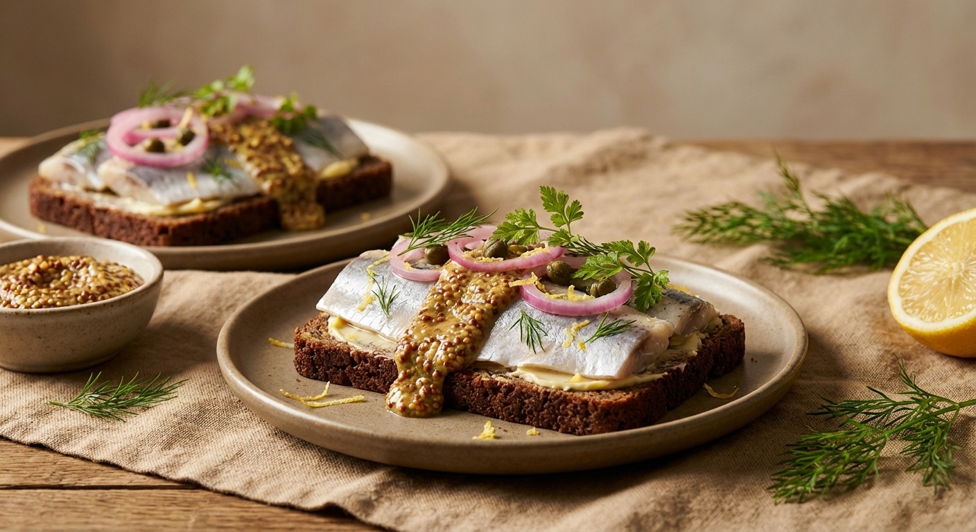 Smørrebrød with Marinated Herring, Capers and Mustard Cream