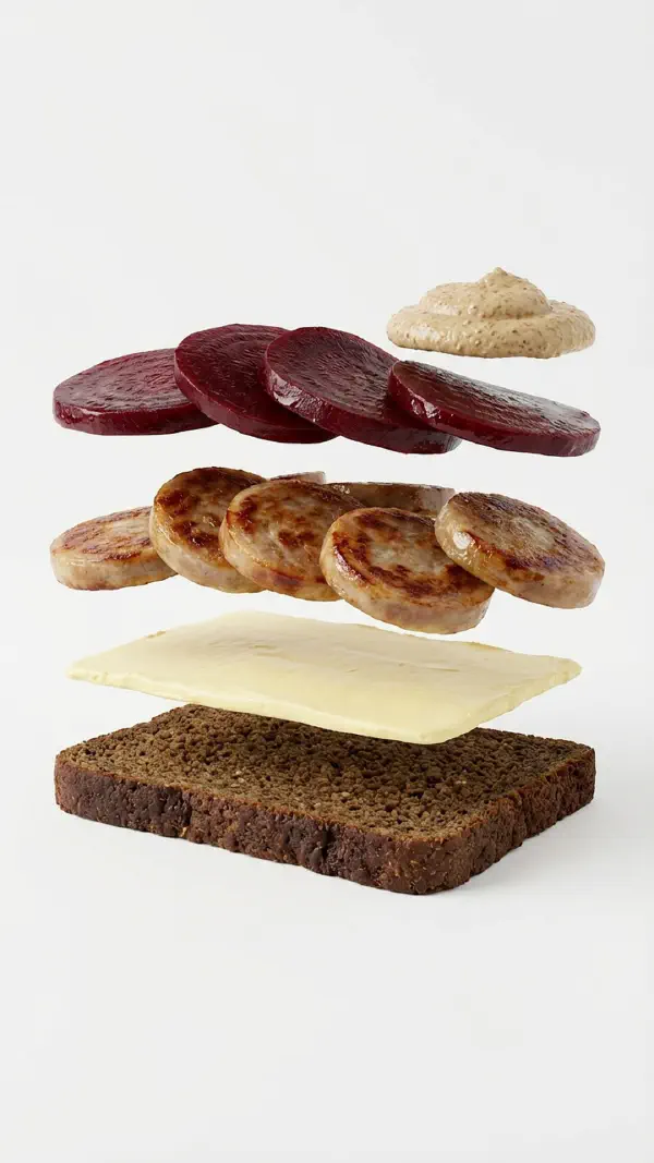 Medisterpølse with mustard and pickled beetroot assembly © kvalifood.com