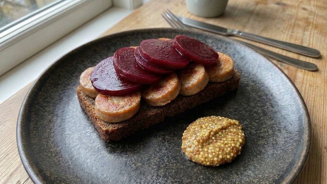Smørrebrød with Medisterpølse and Pickled Beetroot