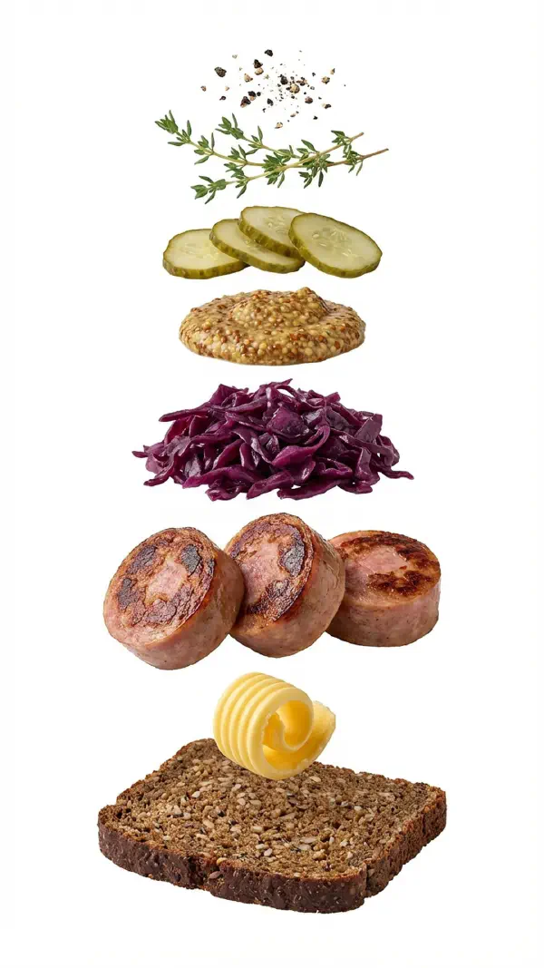 Fried medisterpølse with red cabbage and mustard assembly © kvalifood.com