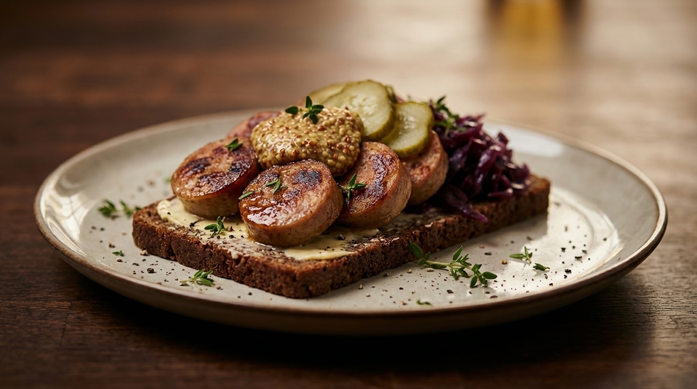 Smørrebrød with Fried Medisterpølse, Red Cabbage and Mustard