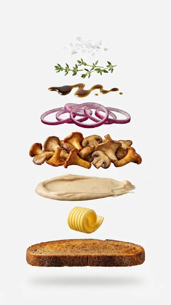 Mushroom open sandwich assembly with hazelnuts and pickled onions © kvalifood.com