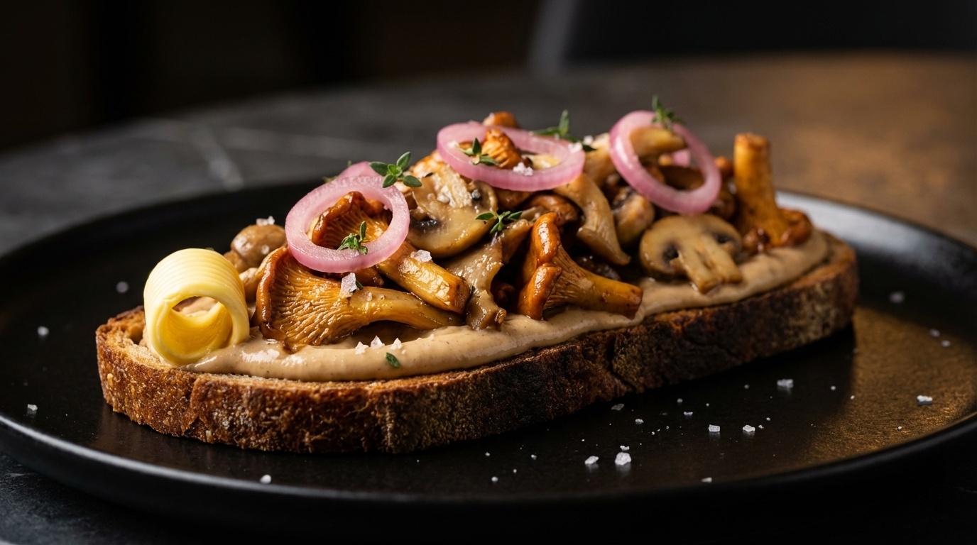 Smørrebrød with Mushrooms, Hazelnuts and Pickled Onions