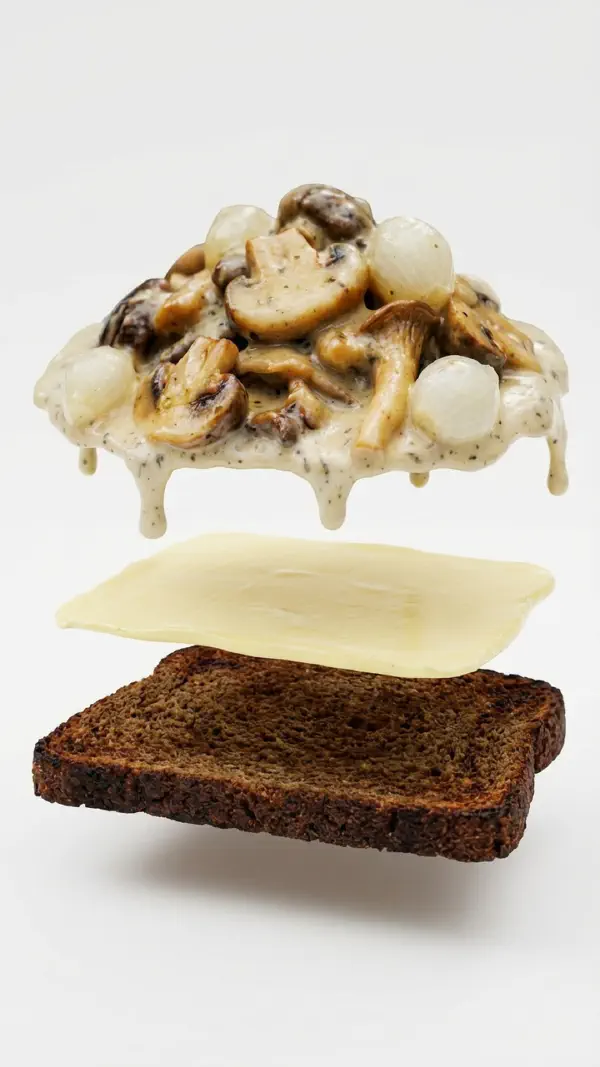 Mushrooms à la crème on butter-toasted rye bread assembly © kvalifood.com