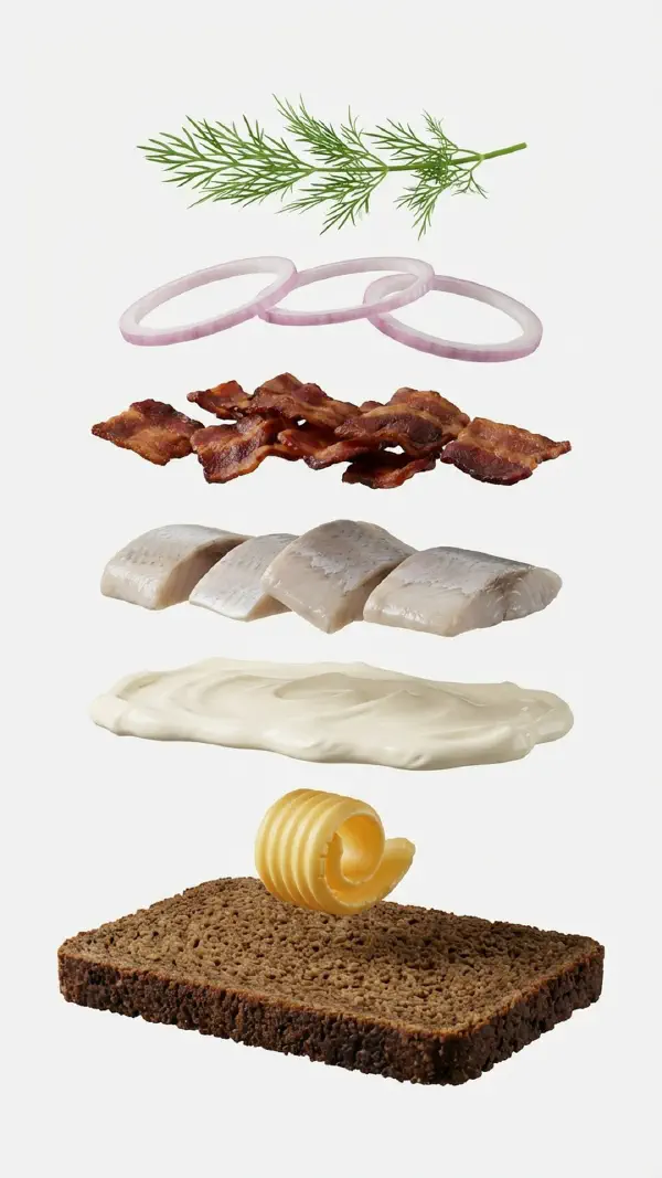 Mustard herring with crispy bacon assembly © kvalifood.com