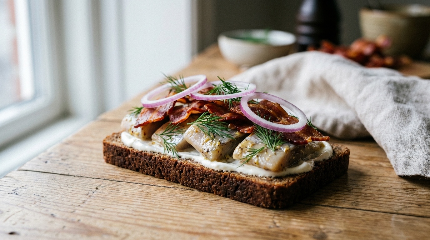 Smørrebrød with Mustard Herring and Crispy Bacon