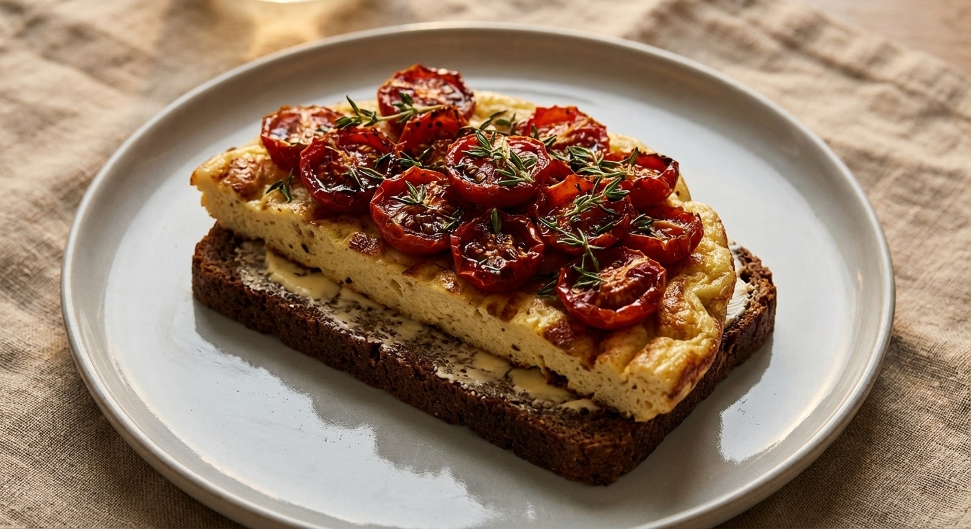 Smørrebrød with Omelette and Roasted Tomatoes