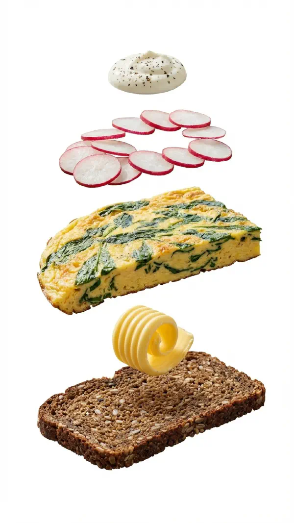 Omelette with wild garlic and radishes assembly © kvalifood.com