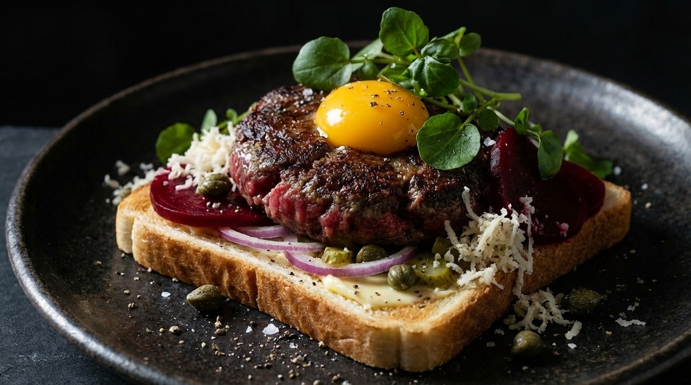 Smørrebrød with Pariserbøf, Raw Egg Yolk and Capers