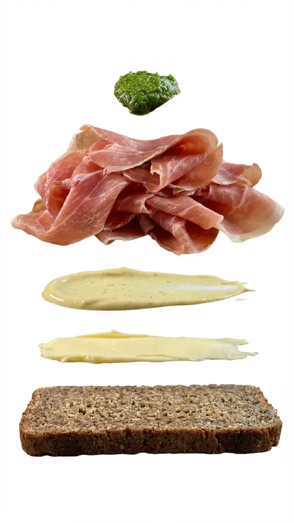 Parma ham with pesto and mustard mayo assembly © kvalifood.com