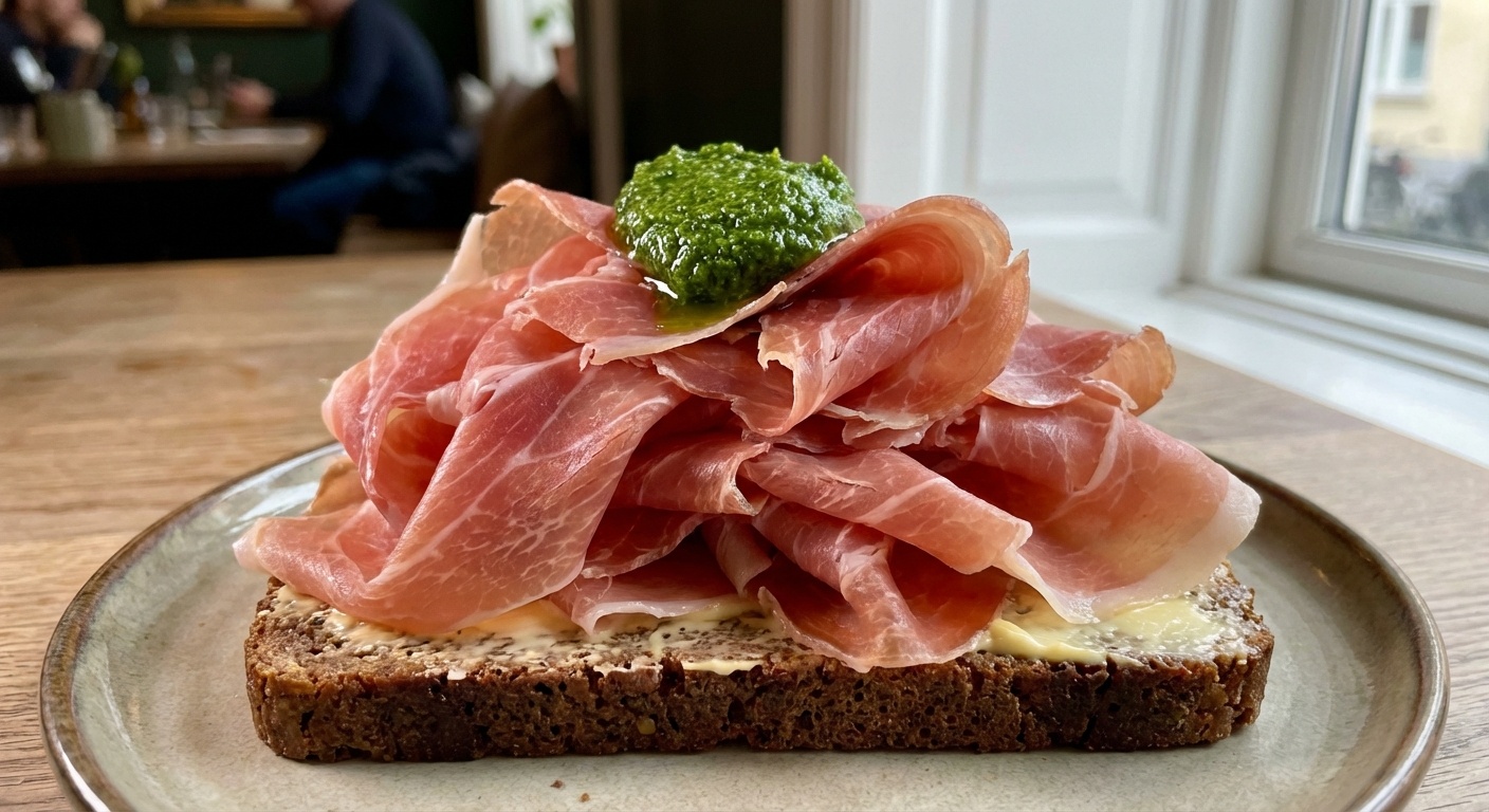 Smørrebrød with Parma Ham, Pesto and Mustard Mayo